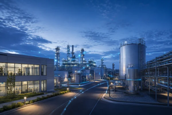 Cloud-connected industrial site in blue evening light