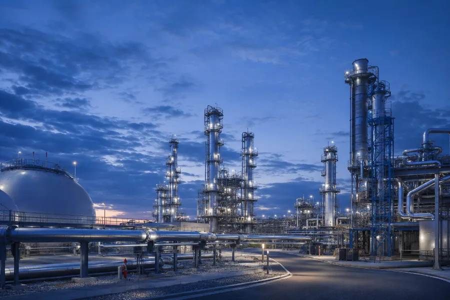 Oil and gas processing plant at dusk with illuminated distillation columns and pipelines